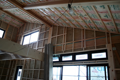 「たたみハウスの壁（リビングからキッチン南東）」畳ハウスの施工事例写真